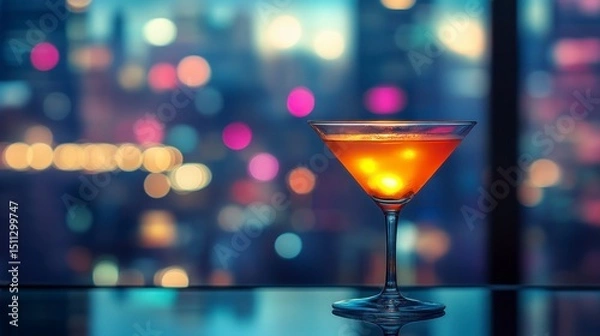 Fototapeta Close-up of a cocktail on a table with blurred city lights in background, bokeh effect