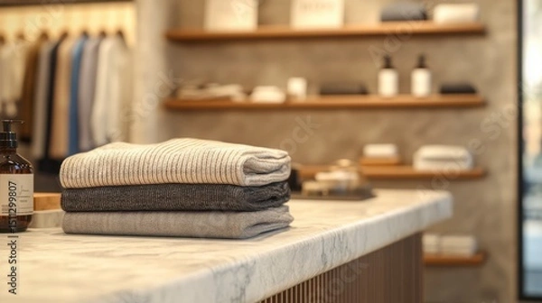 Fototapeta Close-up of a minimalist clothing display with folded garments and accessories on marble counter