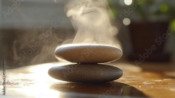Fototapeta Therapist applying hot stone therapy on clients back, steam visible in soft light, tranquil atmosphere