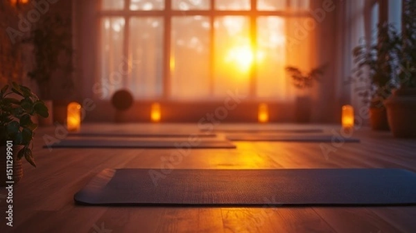 Fototapeta Group therapy session in progress with yoga mats and exercise instructions, soft ambient lighting