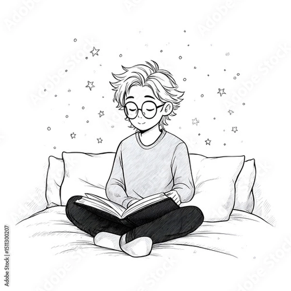 Obraz A Cozy Bedroom Illustration of a Boy Reading Under the Stars: A Grayscale Art Style Capturing Relaxed Moments of Imagination, Creativity, and Peaceful Exploration in Youthful Literature