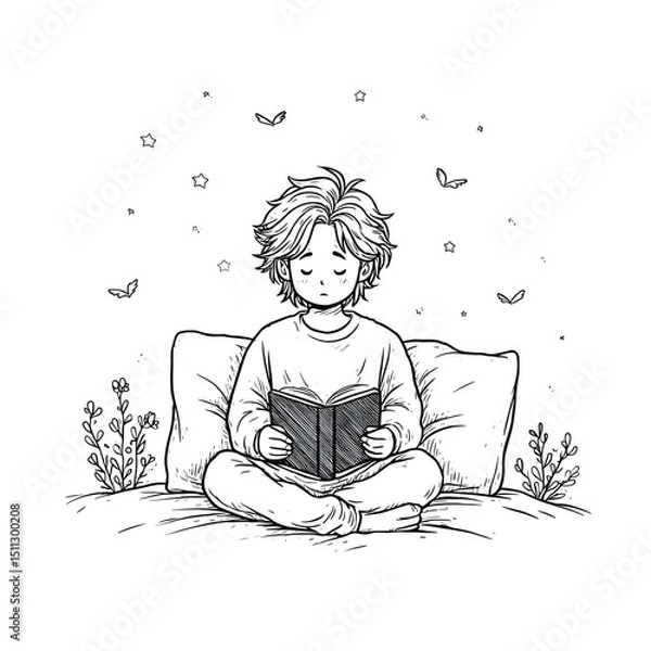 Obraz Cozy Nighttime Reading Adventure: Embrace Imagination and Relaxation with Flowers, Butterflies, and Stars in a Peaceful Indoor Setting for Children’s Creativity and Comfort