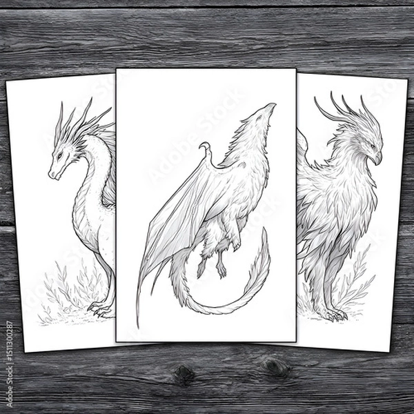 Obraz Dragons and Mythical Creatures: Detailed Black and White Fantasy Art Illustrations with Dynamic Poses, Elegant Designs, and Creature Anatomy in a Whimsical Fantasy World