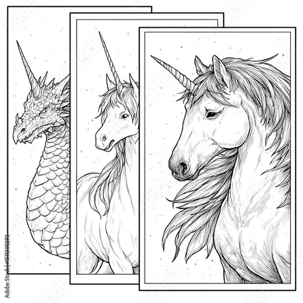 Obraz Unicorn and Dragon Fantasy Art: Detailed Black and White Illustrations of Mythical Creatures with Whimsical Horns, Scales, and Ethereal Design in a Magical World of Imagination and Folklore
