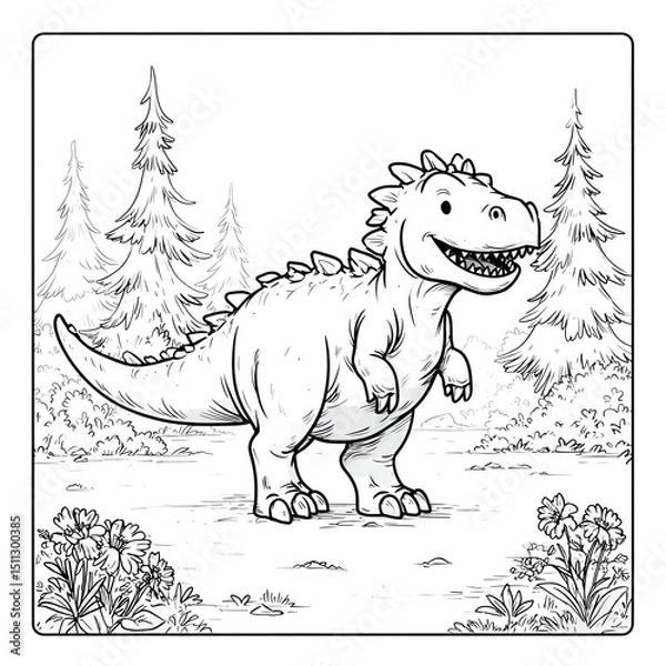 Obraz Cute Cartoon Dinosaur Coloring Adventure in a Forest Landscape: Engaging Prehistoric Character Art for Kids with Friendly Spikes, Vibrant Nature Scenery, and Imaginative Fun