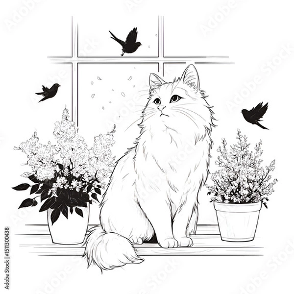 Obraz Charming Black and White Illustration of a Relaxed Cat Sitting by a Window Surrounded by Flowers and Plants, Creating a Peaceful Indoor Nature View with Artistic Decor and Tranquil Scenery