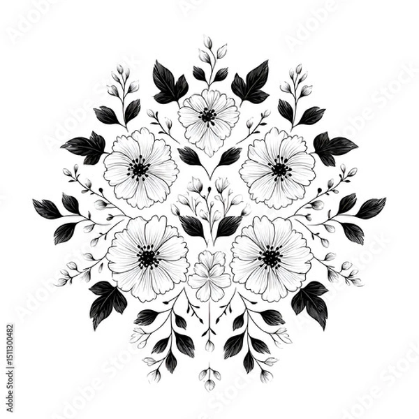Obraz Elegant Black and White Floral Design: Intricate Botanical Patterns, Hand-Drawn Art, Nature-Inspired Aesthetic, Vintage and Modern Compositions, Whimsical Prints for Creative Backgrounds