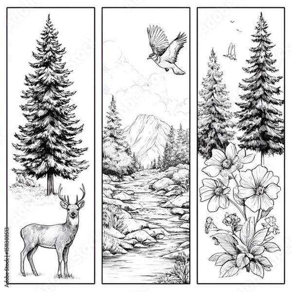 Obraz Tranquil Black and White Sketch of Serene Nature: Artistic Landscape with Trees, Deer, Mountains, River, Flowers, and Wildlife in a Peaceful Outdoors Habitat