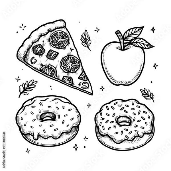 Obraz Whimsical Hand-Drawn Pizza Slice Illustration with Toppings, Cheese, Crust, and Donut Dessert: A Colorful Indulgence in Culinary Style and Comfort Food Aesthetics for Happy Snacking