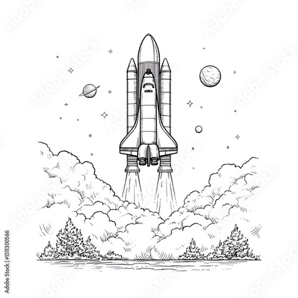 Obraz Futuristic Rocket Launch Adventure in Space: Minimalist Illustration of Aerospace Exploration, Vehicle Technology, and Science Journey through Clouds and Stars in the Universe