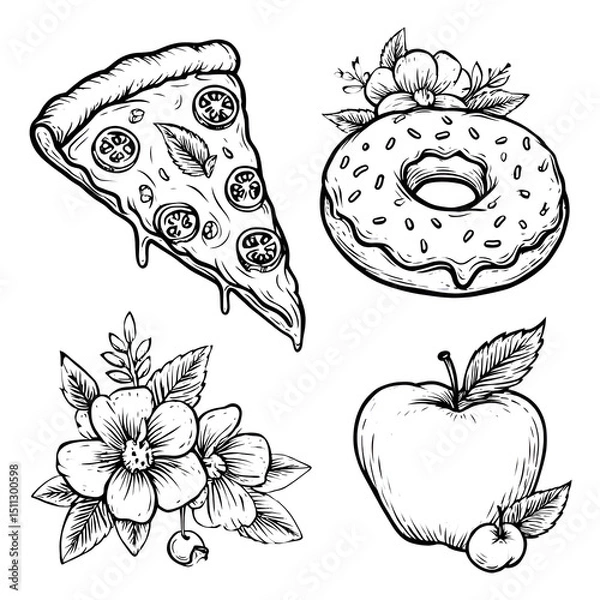 Obraz Delightful Vegan Pizza and Doughnut Illustration: A Black and White Sketch of Tasty Fresh Produce with Floral Toppings and Organic Ingredients Perfect for Culinary Art Enthusiasts