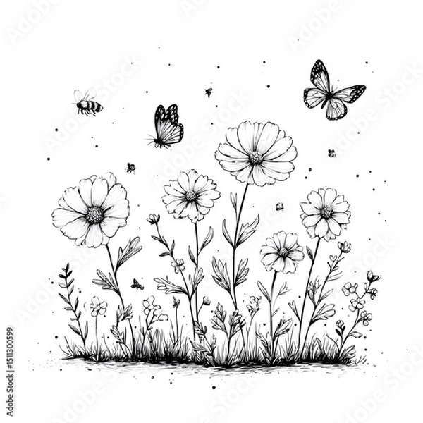 Obraz Whimsical Black and White Floral Sketch Illustration of Nature's Beauty with Butterflies and Bees in a Delicate Garden Landscape: Artistic Doodle Art of Wildflowers, Plants, and Pollination