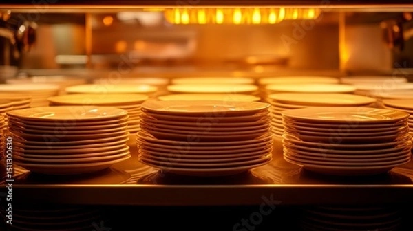 Fototapeta View through kitchen pass with row of elegant plates waiting for service, warm overhead lighting