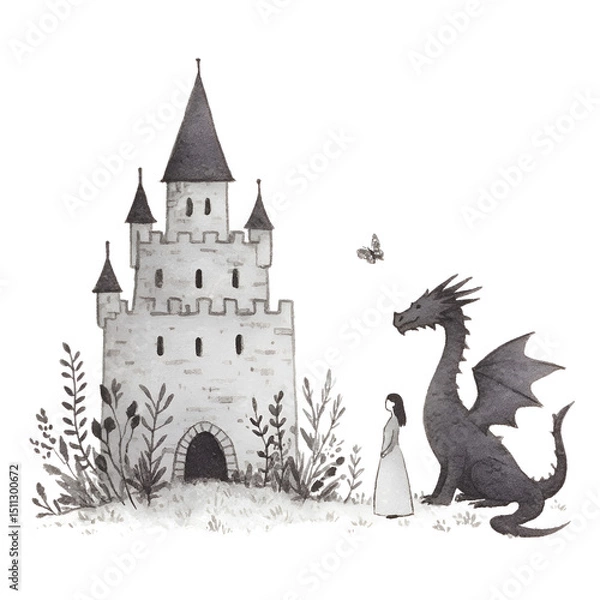 Obraz Enchanting Castle Adventure: A Fantasy Art Illustration of a Girl, Dragon, and Whimsical Butterfly in a Dreamlike Medieval Landscape with Magical Creatures and Serene Folklore Legends