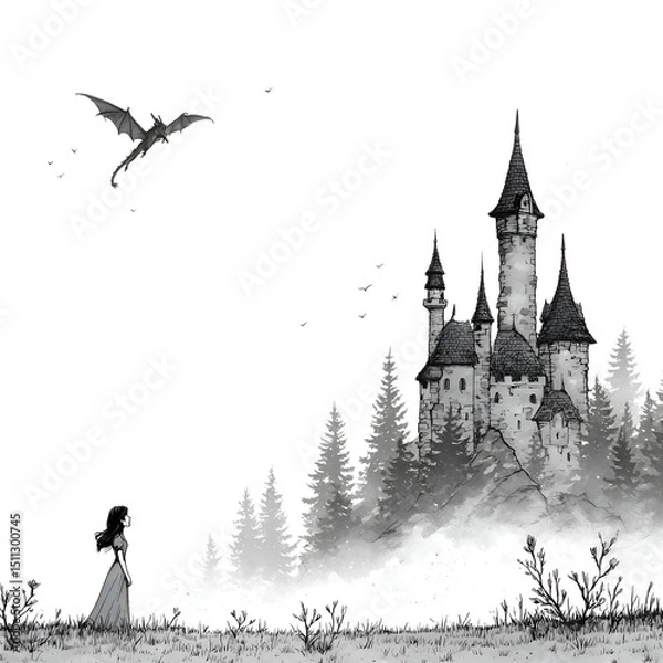 Obraz Enchanted Castle in Fantasyland: A Gothic Tale of a Dragon and Girl in Silhouette within an Eerie Forest Landscape of Mist, Wings, and Shadows - A Whimsical Adventure in Nature