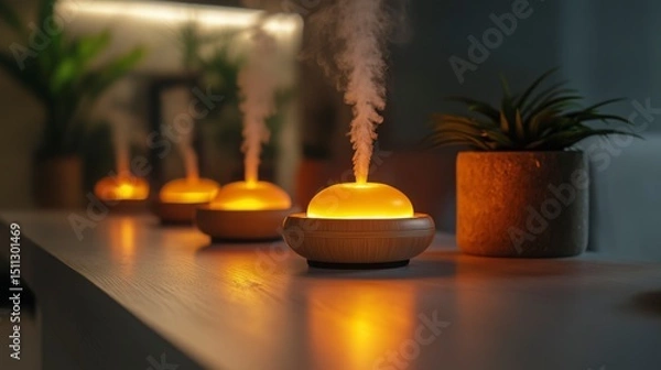 Fototapeta Nighttime spa scene with glowing aromatherapy diffusers, ambient shadows, deeply calming setting