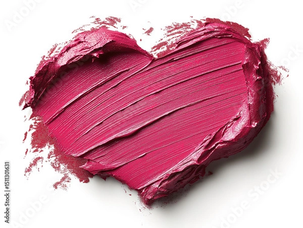 Fototapeta Shimmering pink lipstick stroke in heart shape isolated on white for product showcase