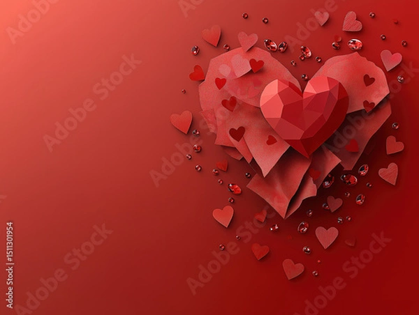 Fototapeta Red backdrop with paper hearts and glass features for a romantic decoration