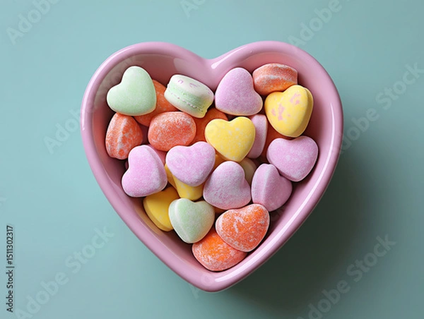 Fototapeta Valentine’s Day conversation hearts in a heart-shaped bowl for a sweet touch