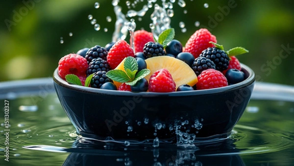 Obraz Fresh Berries and Pineapple in a Bowl with Splashing Water