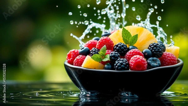 Obraz Fresh mixed berries and fruit salad in a white bowl with strawberries, raspberries, and blueberries for a healthy summer breakfast or delicious sweet dessert