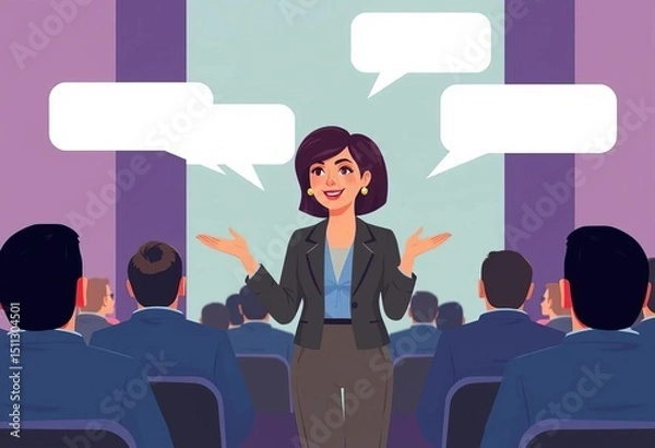 Fototapeta Flat illustration of a female speaker at a business conference, presenting with empty speech bubbles, conference, design element