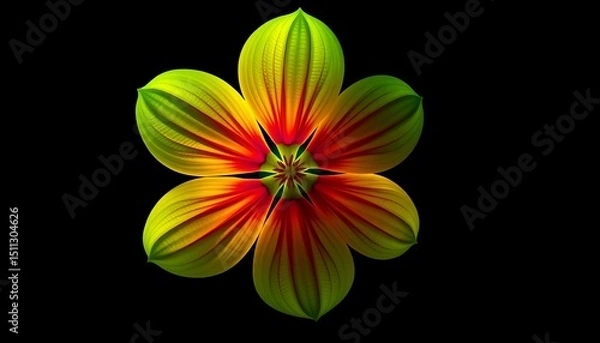 Fototapeta Glowing cross-shaped petal, vibrant green & yellow, dark background,  vibrant,  vibrant colors