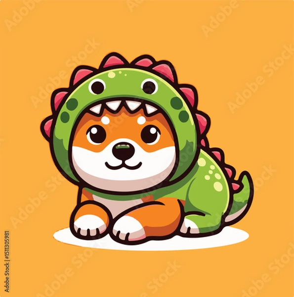 Obraz Cute Shiba Inu in Green Dinosaur Costume – Kawaii Dog Illustration - Adorable Shiba Inu Wearing Dino Outfit – Cartoon Style Vector - Shiba Inu Dressed as T-Rex – Funny Pet Costume Illustration 