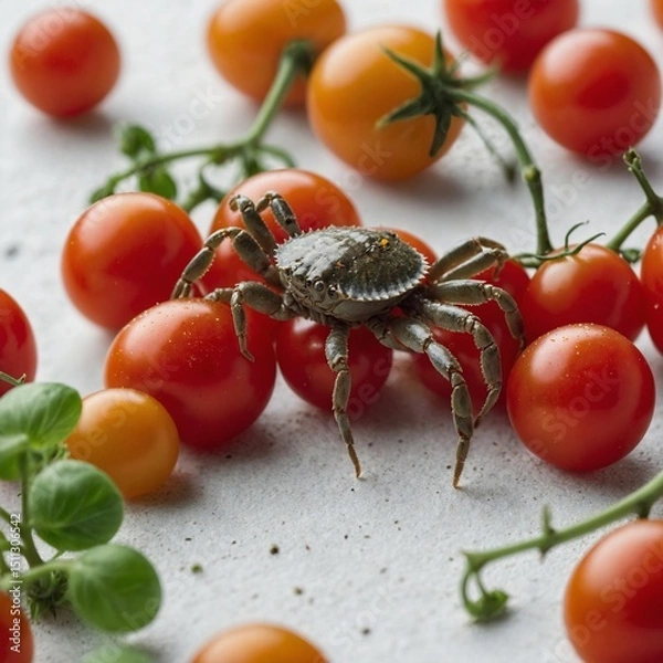 Fototapeta A tiny crab crawling over a bunch of cherry tomatoes on white.