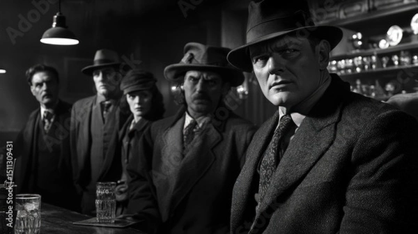 Obraz A group of serious men and women in a dimly lit bar