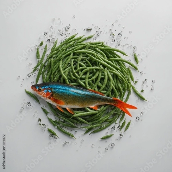 Fototapeta A colorful fish swimming around floating green beans on white.