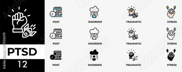 Fototapeta PTSD icon set with various styles and colors of post, traumatic, stress and disorder with icon of calendar, time, rocket attack, war, house on flame, headache and disability