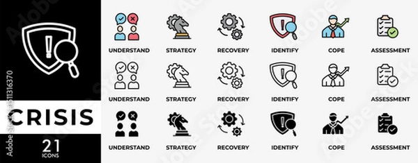 Fototapeta CRISIS icon set with various styles and colors understand, identify, recovery, assessment, strategy and cope icons symbol live stroke editable