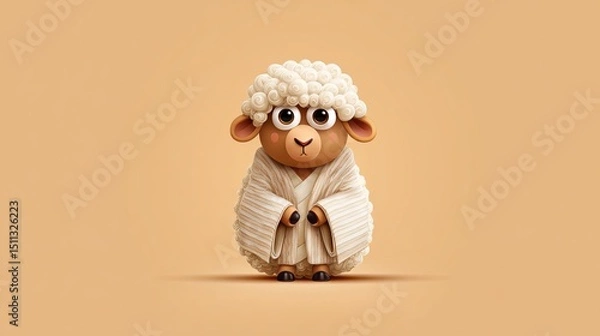 Obraz Adorable Cartoon Sheep Wearing Beige Robe Cute Fluffy Wool 3D Render Illustration Digital Art Graphic Design Element Festive Holiday Image Perfect for Backgrounds        