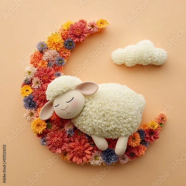 Obraz Adorable Fluffy Lamb Sleeping on a Colorful Flower Moon Crescent Peaceful Night Sweet Dreams Nursery Decor Pastel Colors Childish Illustration Soft Toy Floral Arrangement