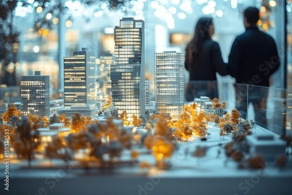 Obraz City model with tiny trees and skyscrapers on a blurred background. Use this for real estate, architecture, or urban planning concepts.