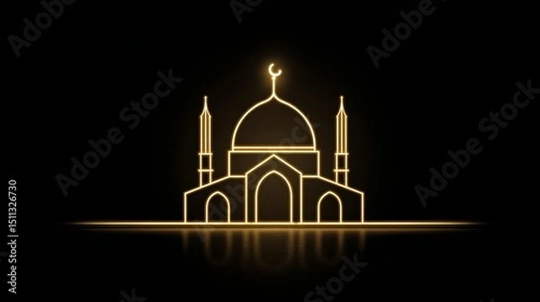 Obraz Golden Mosque Line Art Elegant Minimalist Islamic Design Ramadan Eid Mubarak Celebration Night Golden Glow Reflection Elegant Architecture Simple Line Drawing Graphic    