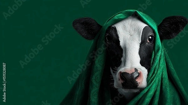 Obraz Mysterious Cow Portrait Green Emerald Shawl Elegant Animal Photography Studio Shot High Resolution Image Detailed Cow Face Black and White Cow Green Background Farm      