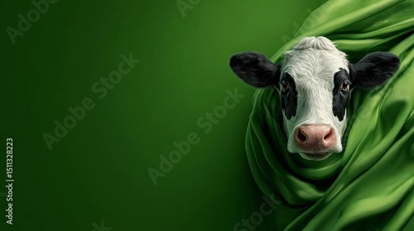 Obraz Stunning Closeup Portrait of a Cow Wrapped in Elegant Green Silk Fabric High Resolution Digital Art Image Perfect for Print Advertising and Branding Projects Green       