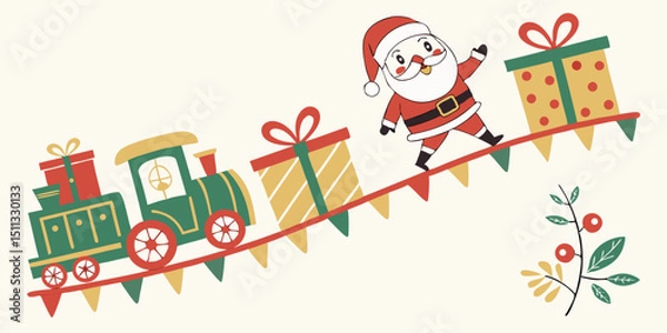 Fototapeta Christmas Decorative Banner with Santa Claus, Nutcracker, Locomotive, Gift Boxes and More

