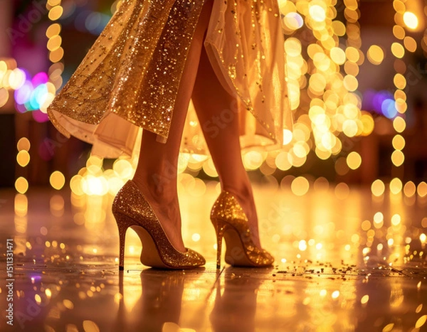 Fototapeta Golden Glamour A Sparkling Close-Up of Elegant High Heels at a Festive Party
