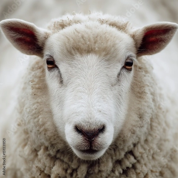 Obraz Close Up Portrait of a Fluffy White Sheep Peaceful Farm Animal Serene Nature Photography Detailed Wool Texture Soft Fur Gentle Eyes Innocent Expression Farmland Scenery  