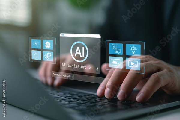 Fototapeta AI assistant dashboard interface with hands typing on laptop and virtual command prompt, representing artificial intelligence tools, smart assistant system, and digital automation solutions.