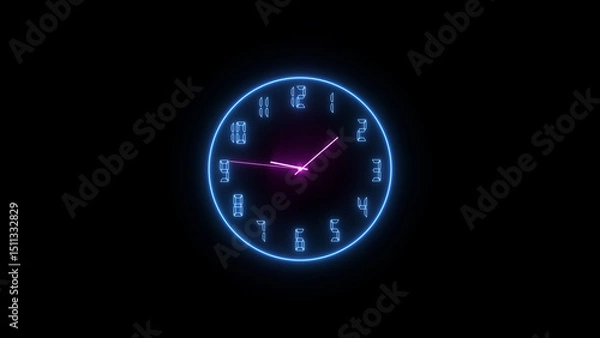 Obraz Abstract neon clock icon illustration. on a black background. 4k illustration. 