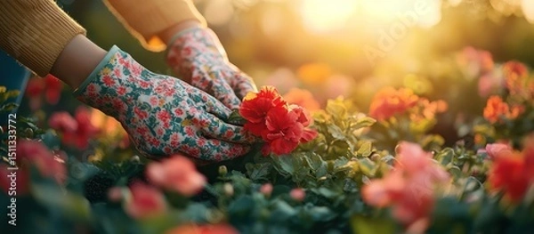 Fototapeta Hands in floral gloves tending colorful flowers