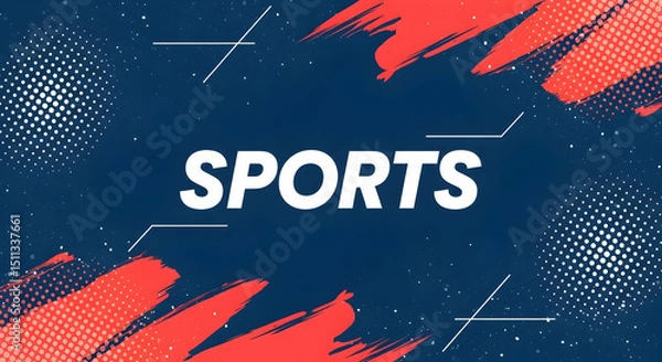 Obraz Abstract sports banner featuring bold red brush strokes, halftone patterns, and a prominent 'SPORTS' title against a dark blue backdrop.  Modern and energetic design.