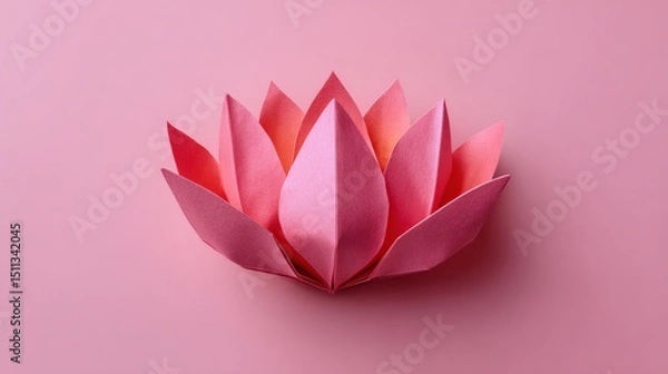 Fototapeta Pink origami lotus in soft bloom with radiating petals on pastel background, peaceful floral design Image 4K UHD