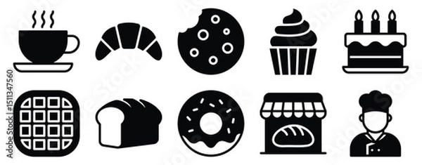 Obraz Bakery Icon Set Solid Style Collection representing baked goods and pastry creation suitable for culinary apps bakery branding and food service promotions