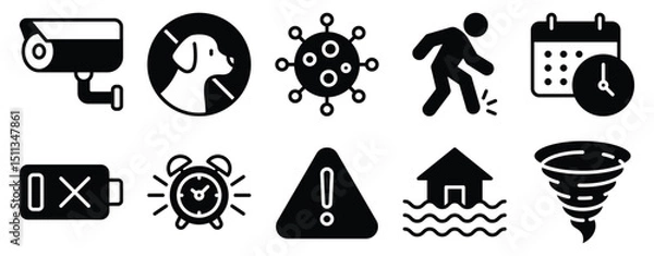 Obraz Alert and Warning Icon Set Solid Style Collection representing caution signs and emergency notifications suitable for safety systems security apps and risk management tools
