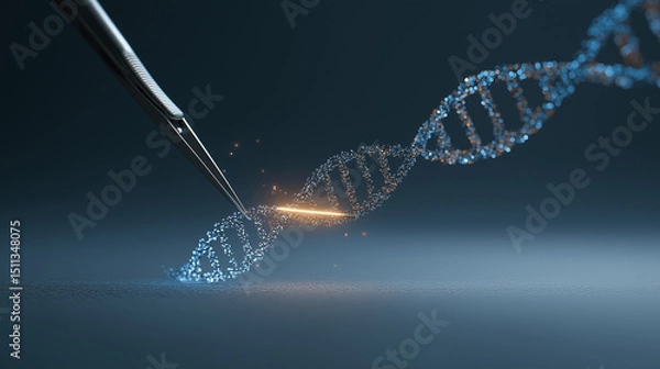 Fototapeta A surgical scalpel hovers over a glowing DNA strand made up of tiny luminous particles - Generative AI 
